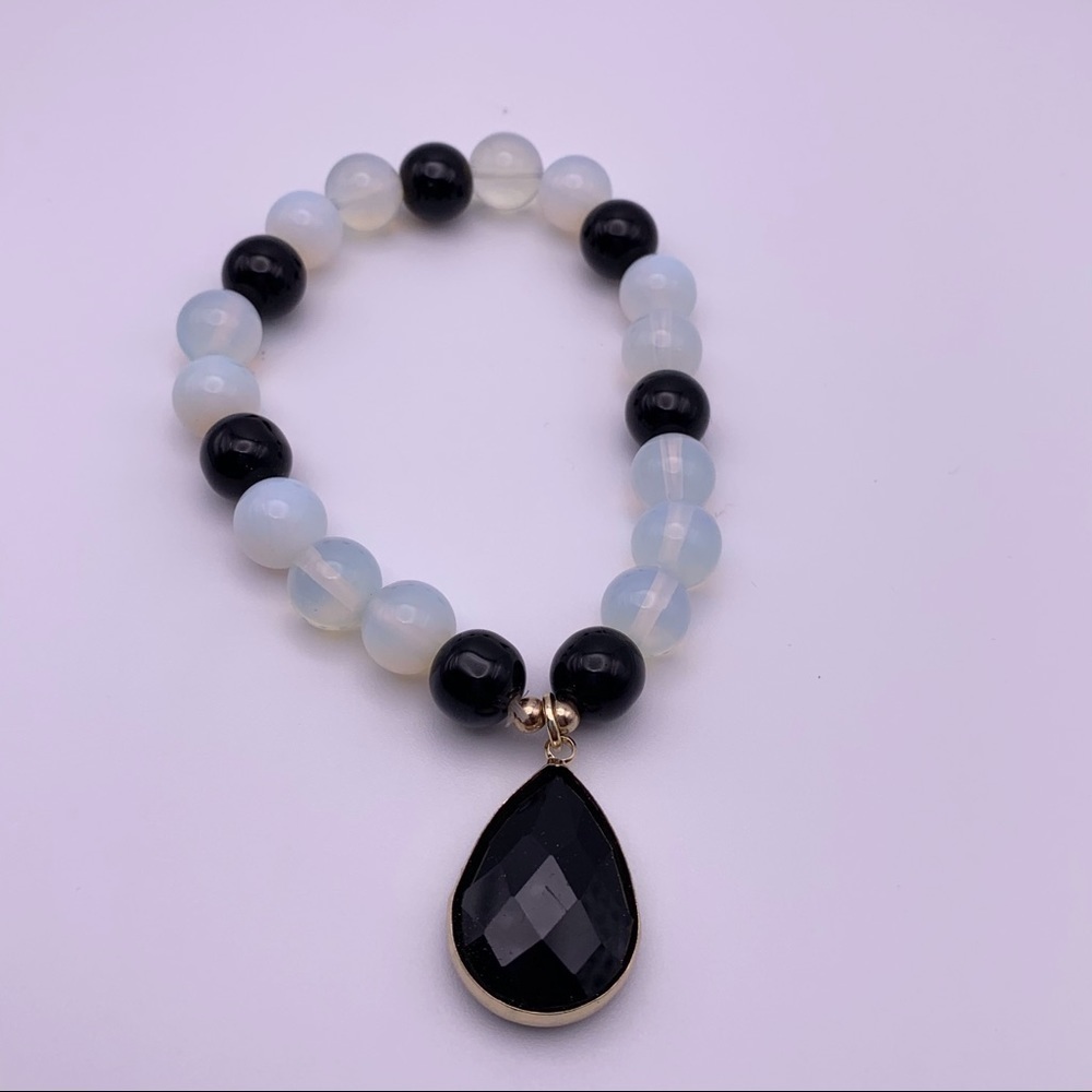 Toni Moonstone and Black Onyx Beaded Stretch Bracelet